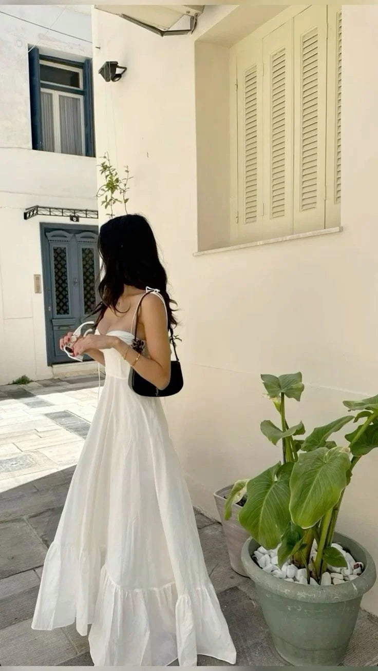 TingPo Wholesale Vintage A Line Spaghetti Straps White Ruffles Long Prom Dress Formal Dresses